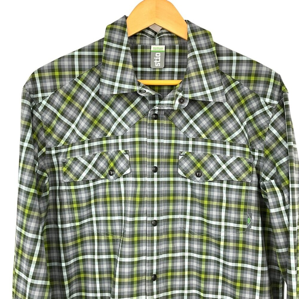 Stio Eddy Tech Shirt Mens Medium Green Plaid Long Sleeve Pearl Snap UPF 50+ - Picture 2 of 13